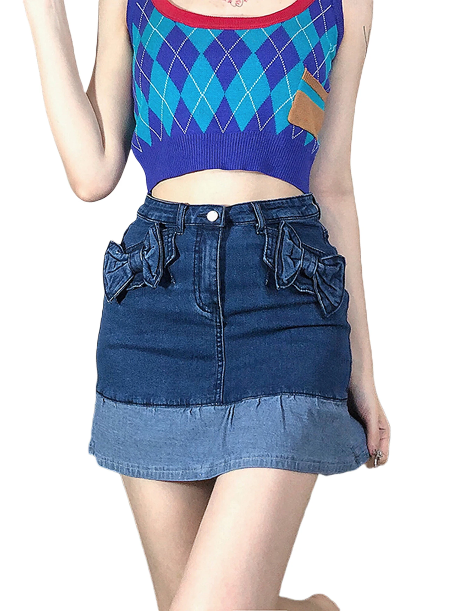 

2021 New Women Color Block Skirt, Adults High Waisted Bowknot Zipper Ruffle Denim Skirt with Pocket Fashion All-match