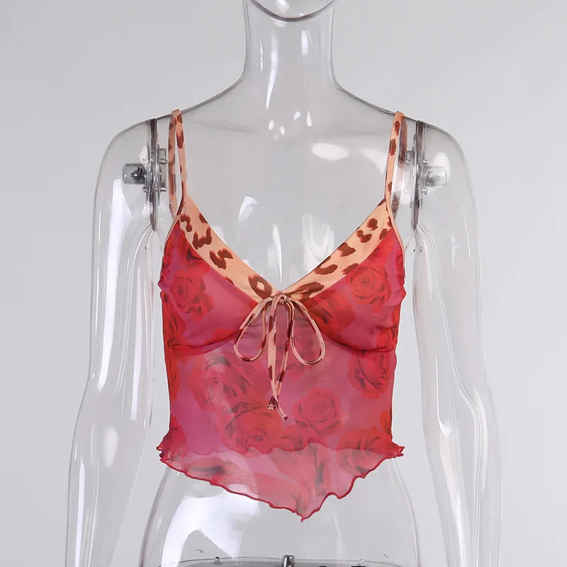 

YICIYA V-neck Pink Blue Backless Strappy Print Women Mesh Camisole Summer Sexy Skinny Stretch Fishnet Tank Tops Female 2021