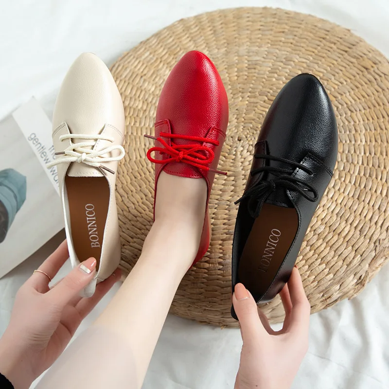 2020 Spring New Casual Women Shoes Women's Shoe Lace-Up Female Flats Pointed Toe Woman Oxfords Size 35-40 Ladies' Peas Shoes