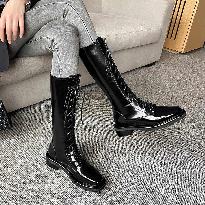 

ASUMER 2021 newest women knee high boots top quality patent leather riding boots cross tied low heel fashion casual shoes woman