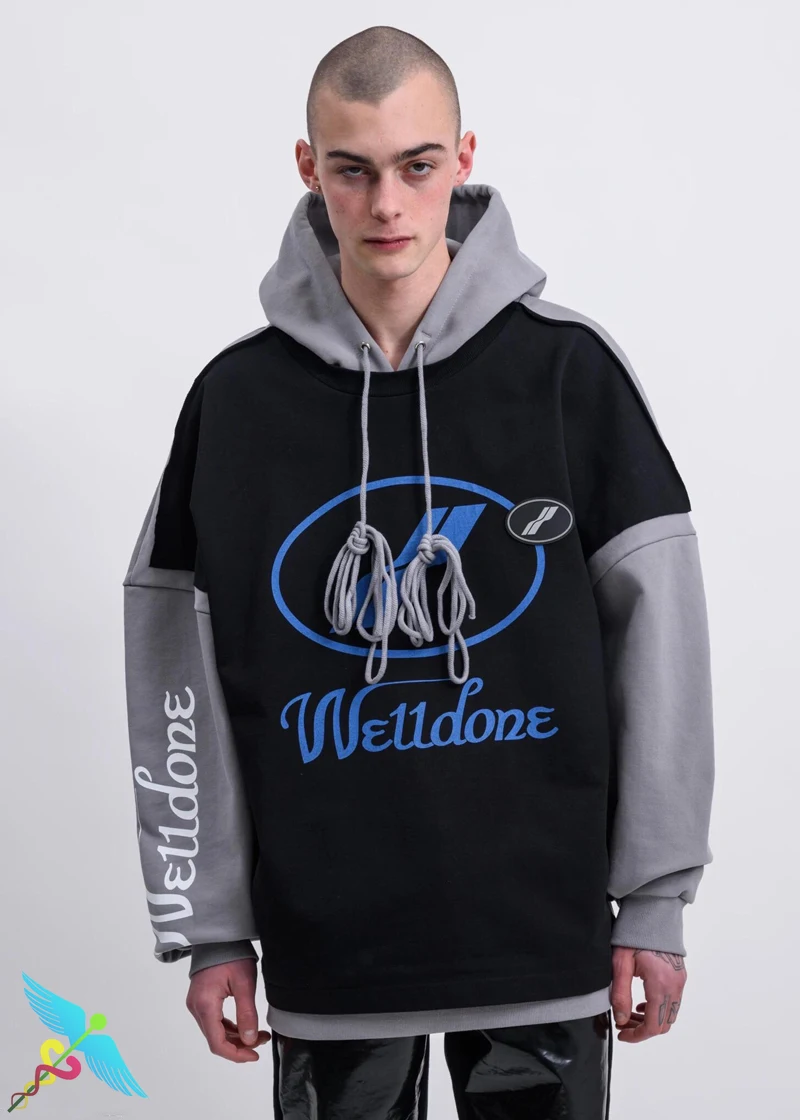 

WELLDONE Oversized Hooded Hoodie Men Women Fashion Letter Logo Print Reflective Color Match We11done Sweatshirt Baseball Jersey