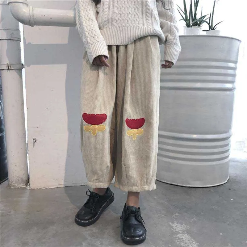 

NEW Autumn NEW Design Flower Patch Elastic Waist Ankle-length Pant Women Preppy Style Ladies Cotton Wide Leg Pants Ladies Tr