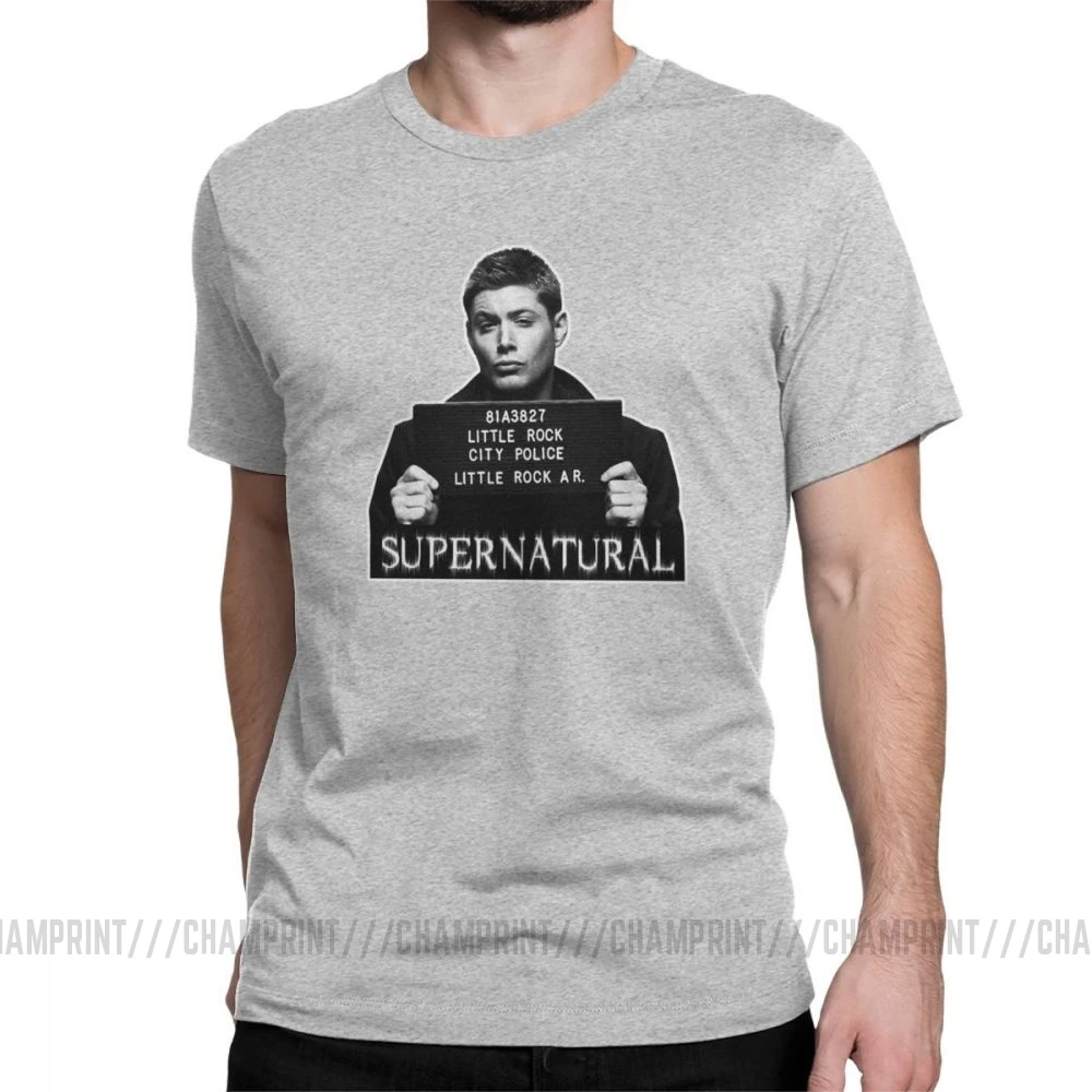 Dean Mugshot футболка Сверхъестественное SPN Brothers футболка мужские топы размера плюс забавная футболка с круглым вырезом из чистого хлопка - Цвет: Серый