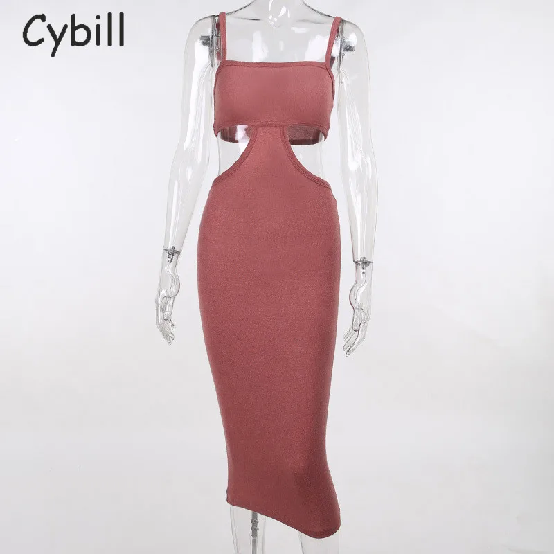 

Cybill Ribbed Knitted Hollow Out Summer Dress Sleeveless Spaghetti Strap Backless High Waist Midi Dress Club Party Bodycon Dress
