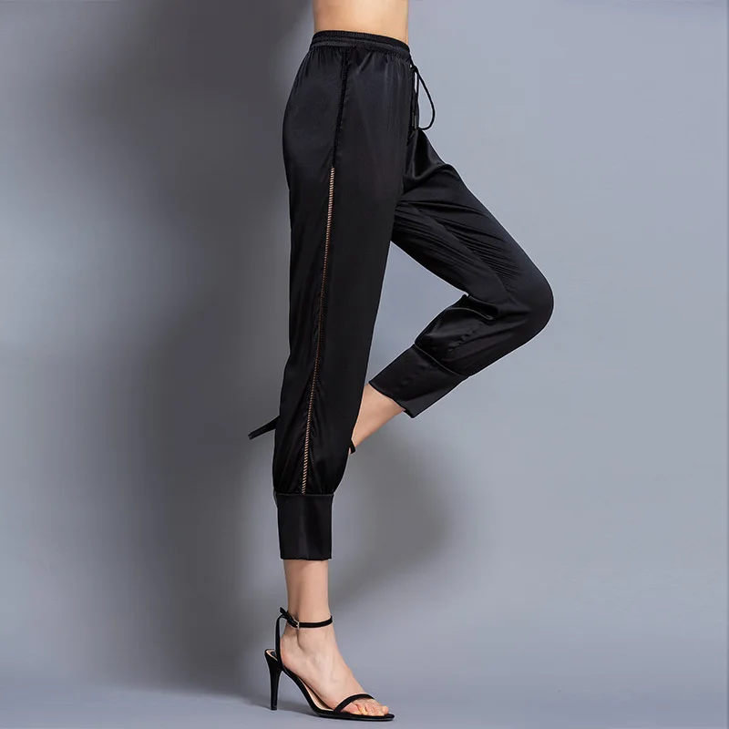 Mulberry Silk pants women's 2021 spring and summer new Capris high waist drawstring slim silk pants women summer 190310
