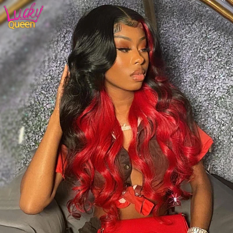 Lace Front Human Hair Wigs 99J Ombre Red Brazilian Remy Highlight Ruby Wavy 4X4 Closure Wig For Women Preplucked | Шиньоны и парики