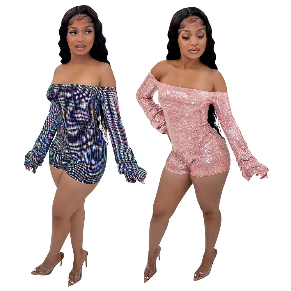 

Off Shoulder Women's Long Sleeve Full Sequins Bling Skinny Shorts Jumpsuit night Party Club Sexy Bodycon 1 Piece Short Rompers