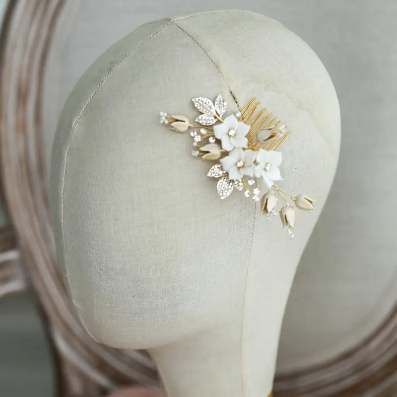 Белая эмалированная Цветочная расческа Стразы для невесты заколка волос Золотые