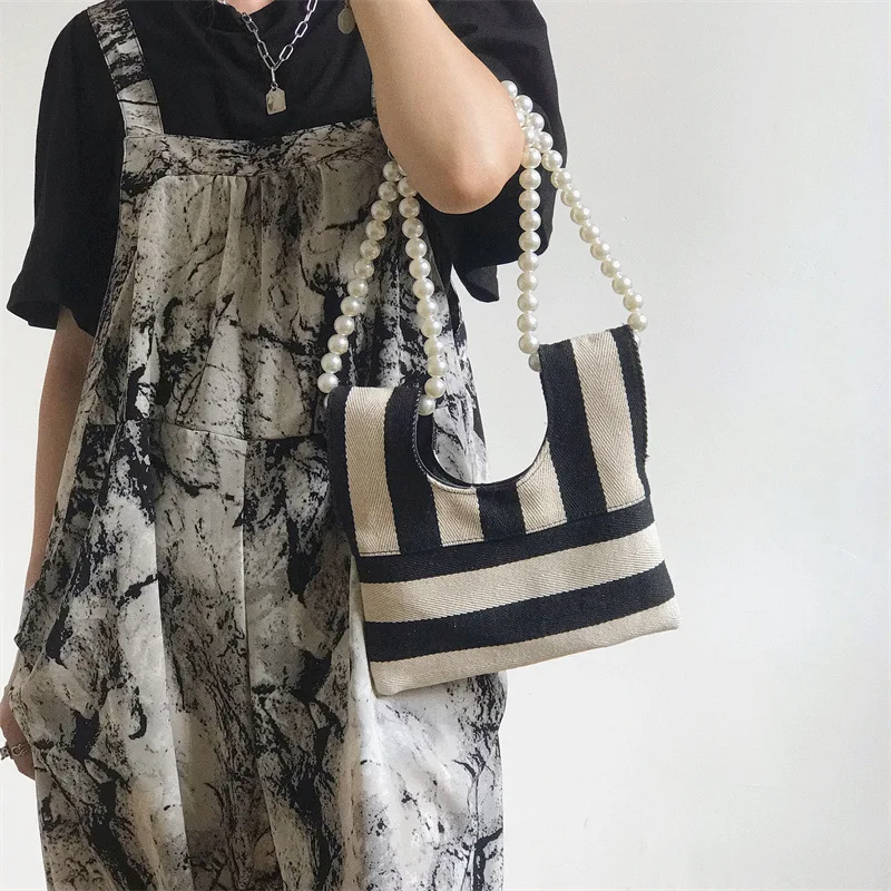 

Retro Stripes Luxury Designer Tote Women's Bag Summer Women's Canvas Bag Handbag Pearl Chain Large Capacity Tote Bag New Trend