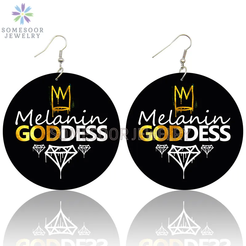 

SOMESOOR Melanin Goddess Afro Queen Crown Wooden Drop Earrings Both Sides Printed Black Loops Dangle Jewelry For Women Gifts