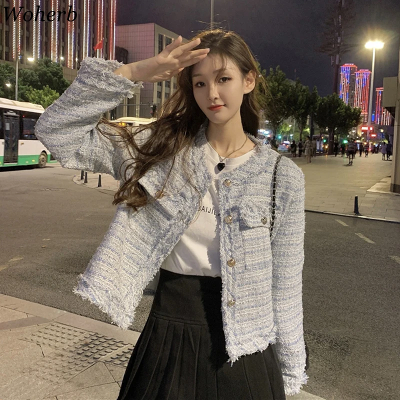 Woherb шикарные твидовые куртки осень 2021 женская одежда приталенный силуэт