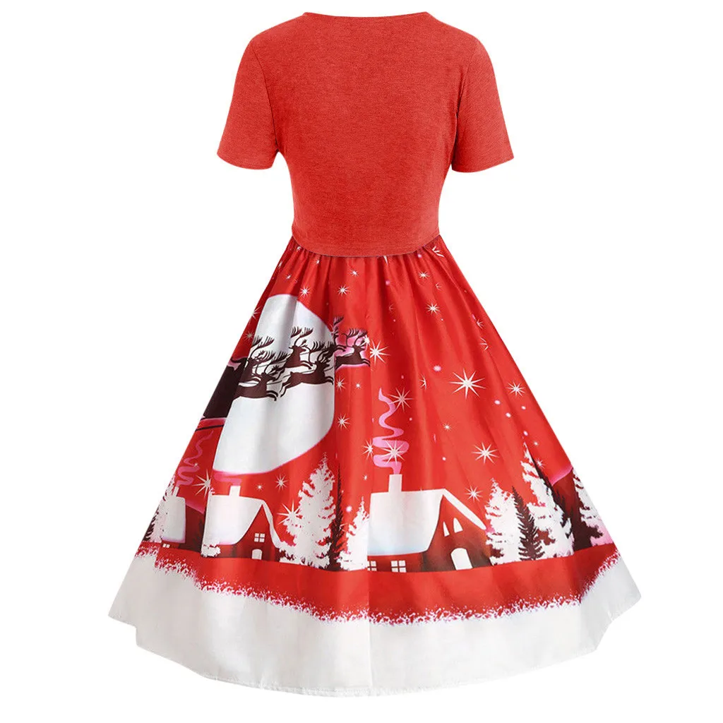 Autumn Elegant high waist dresses Christmas Printed Dress For Women Vintage Short Sleeve Bow Knot A-Line Swing Dress Suit