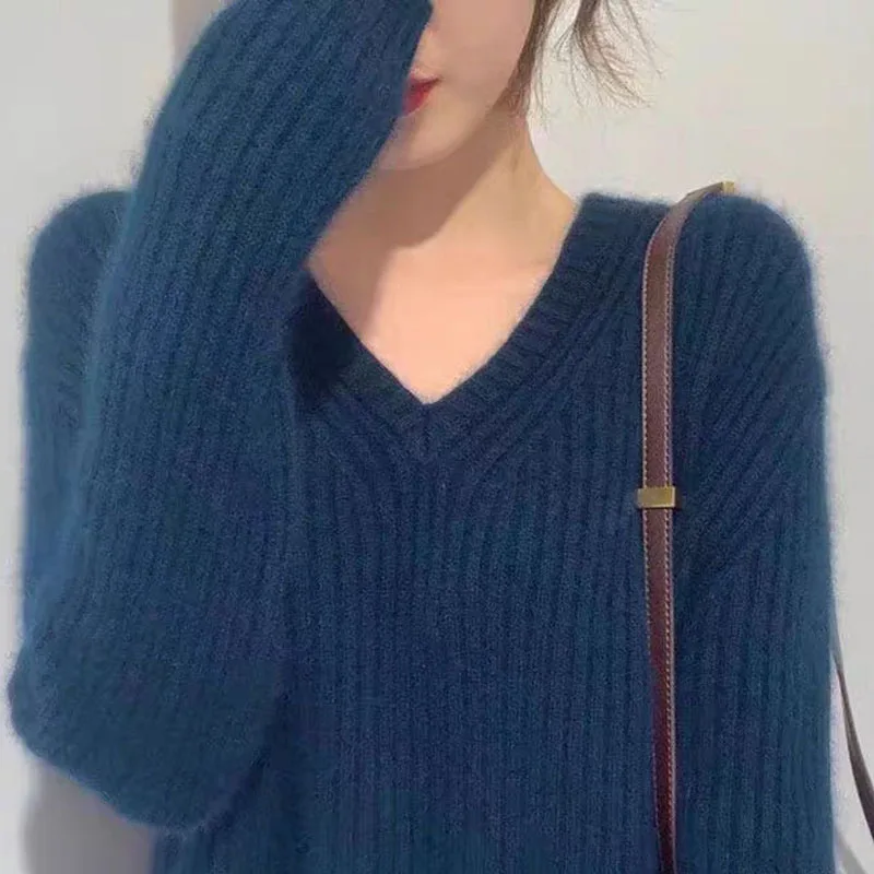 

Red V-neck Outer Wear Sweater Women 2021 Winter Korean Loose Lazy Style Outer Top Pullover Base Thick Female Autumn Sweater G226