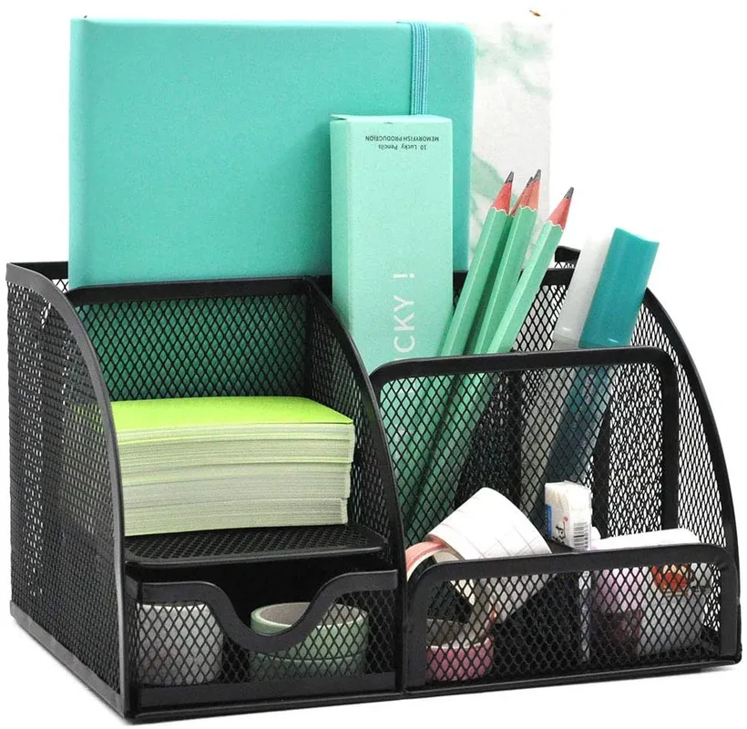 

Mesh Desk Organizer Pen Holder Accessories Storage Caddy with 6 Compartments and Drawer Office Supplies Gift Dropshipping