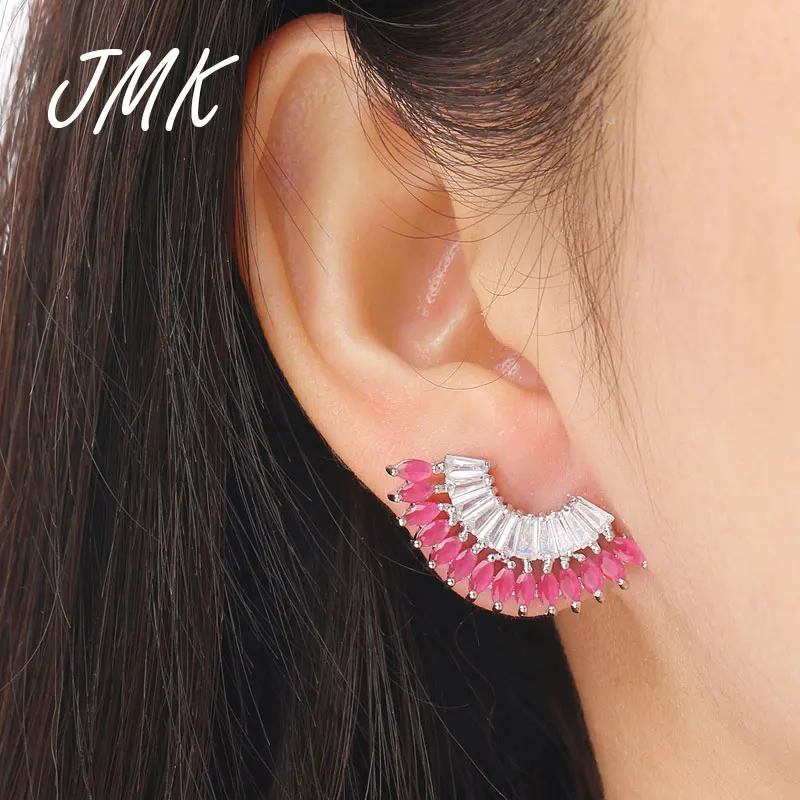 

Серьги-гвоздики JMK в форме веера из красного кристалла, этнический уникальный дизайн в стиле бохо, серебряные ювелирные изделия из циркония для женщин, подарок на вечевечерние, бижутерия