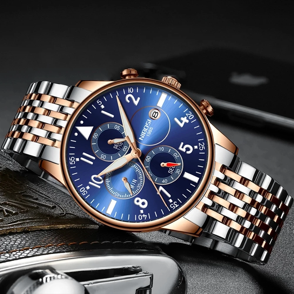 Men's Watches Luxury Brand NIBOSI Watch Military Quartz Stainless Steel Waterproof Luminous Chronograph Watch Relogio Masculino