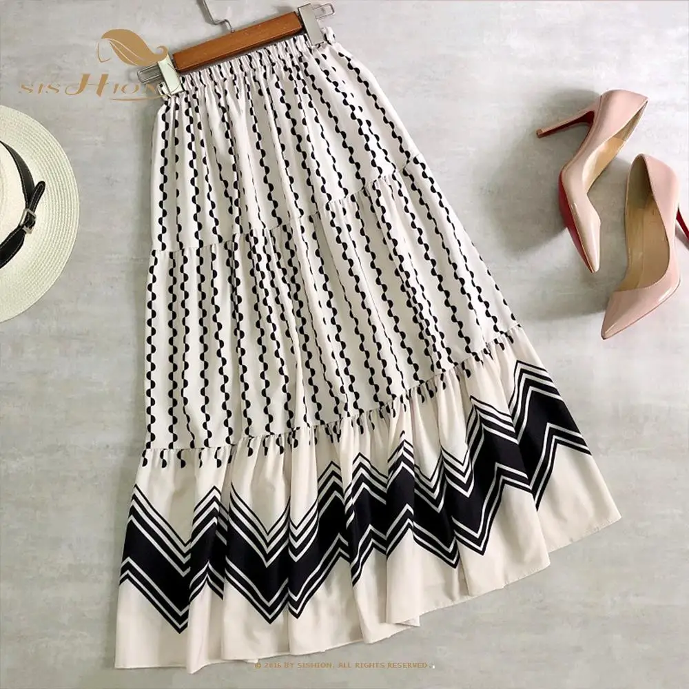 

SISHION Striped Patchwork Women Long Skirt VD1951 High Waist White Black Khaki Y2K Ruffle Skirt Faldas Jupe Femme