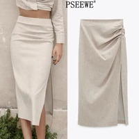 pseewe za 2021 linen blend draped long skirts woman fashion high waist midi skirt with side slit pleats elegant summer skirt