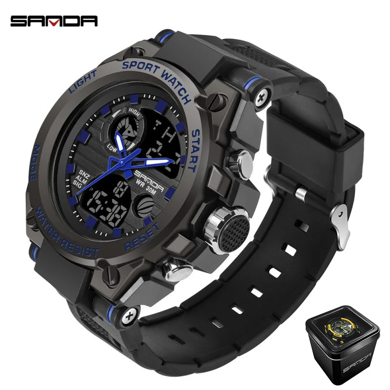 black blue(box) Sanda золотые мужские модные многофункциональные электронные уличные спортивные часы с двойным дисплеем водонепроницаемые светящиеся цифровые часы - Цвет: black blue(box)