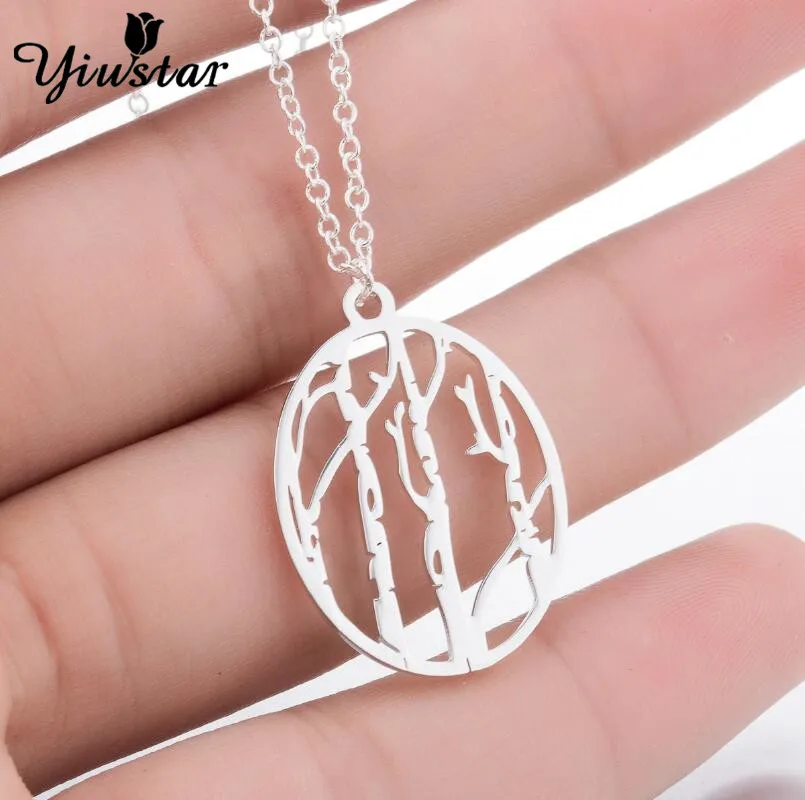 Мода из нержавеющей стали с принтом в виде березовых деревьев Овальный кулон