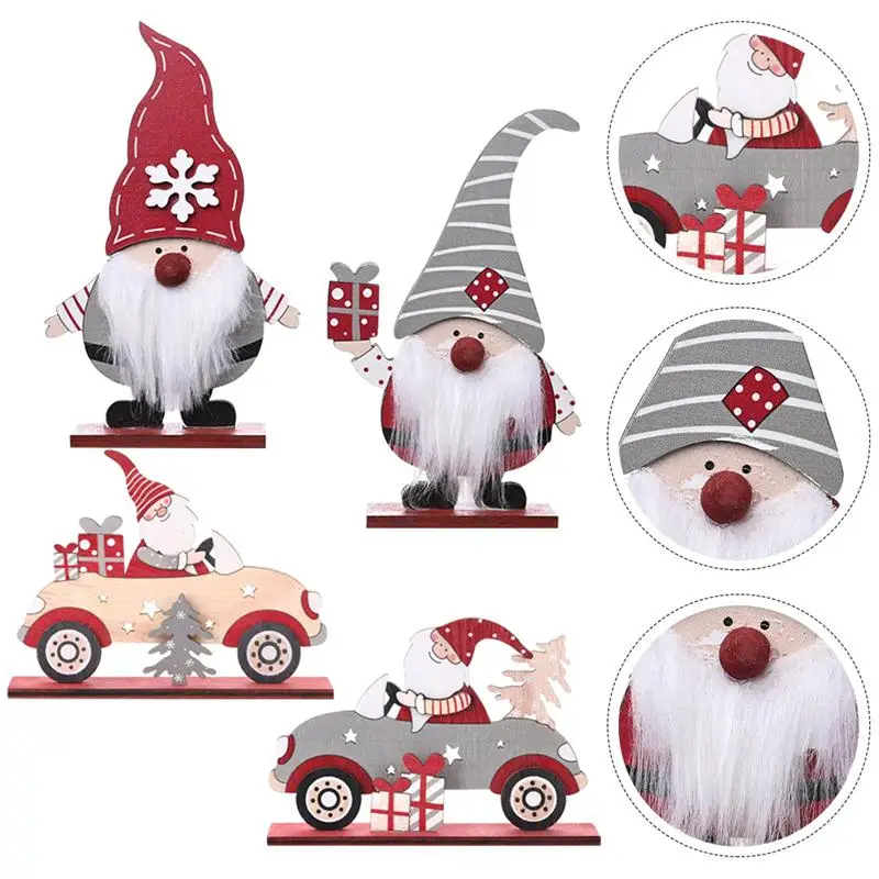 

4pcs Christmas Creative Decorations Wooden DIY Desktop Ornaments Red Grey