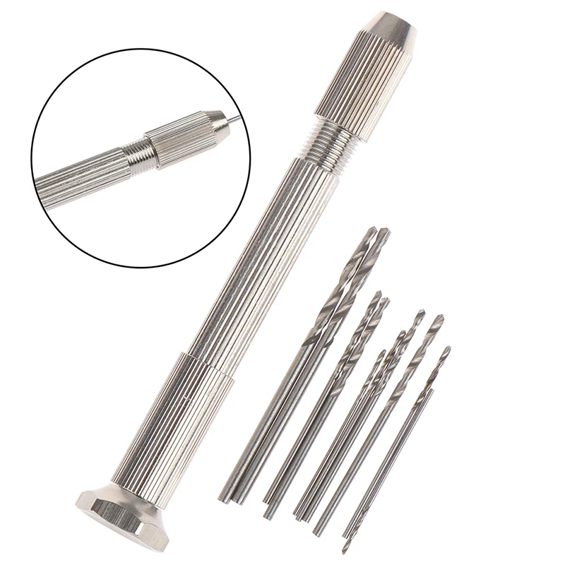 

92mm Silver Color Hand Twist Drill With 10 HHS Drill Bits Drilling Tool for PCB Watch Repair
