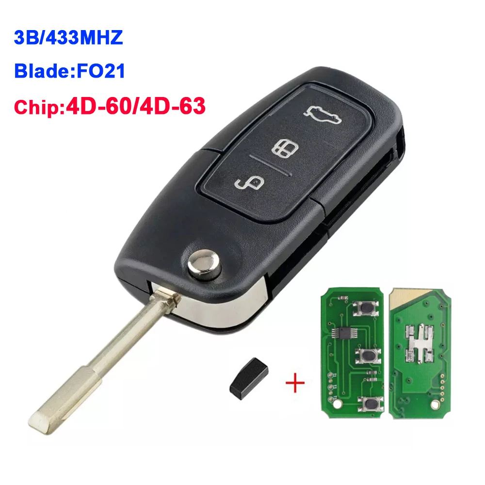 

3 Buttons Remote Car Key FO21 433Mhz For Ford Focus Fiesta Fusion C-Max Mondeo Galaxy C-Max S-Max 4D60 4D63 Chip