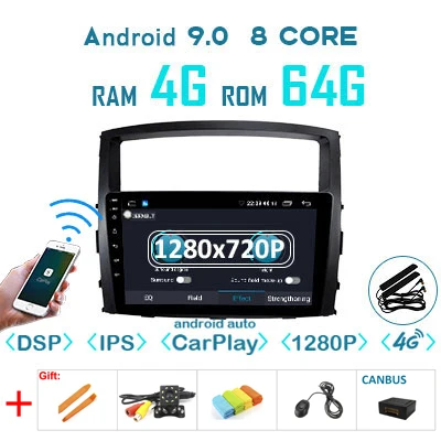 4G64G 1280 carplay-C 1280*720P Android 9,0 4G 64G Carplay Авто gps радио для MITSUBISHI PAJERO V97 V93 2006- мультимедиа DSP ips экран без DVD - Цвет: 4G64G 1280 carplay-C