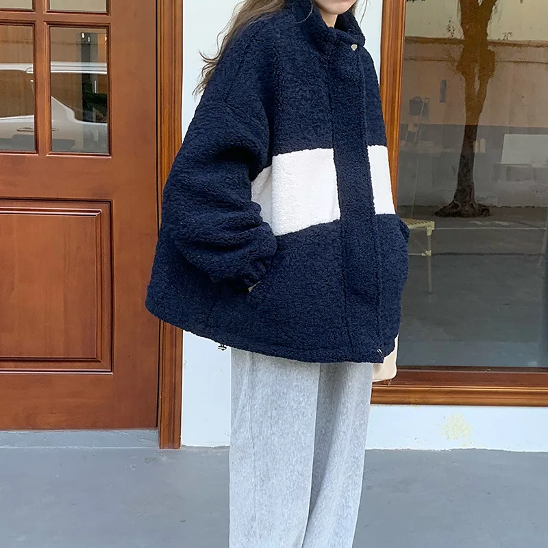 

Winter Coat Women New 2020 Patchwork Faux Lamb Fur Jacket Warm Thick Fashion Loose Plush Coat Casual Style Fluffy Jacket Women