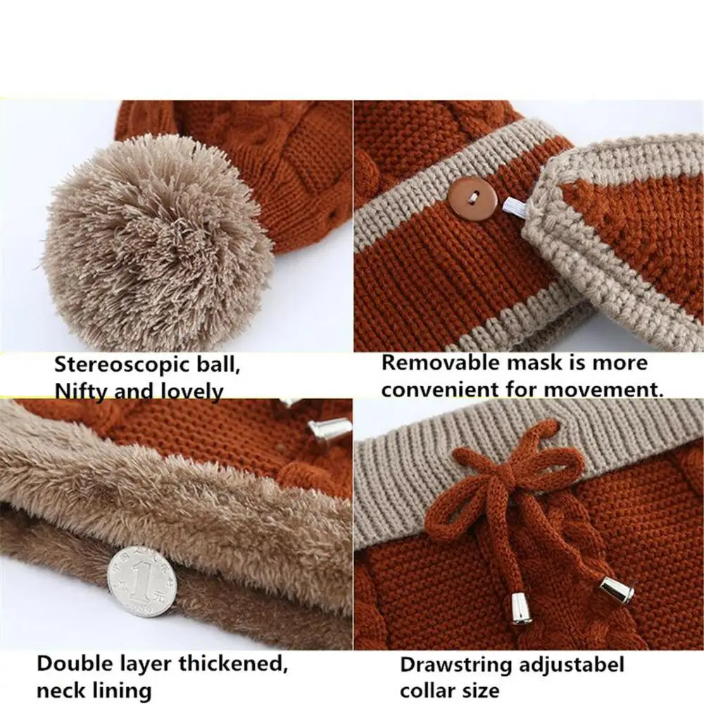 

3Pcs Winter Women Thicken Warm Knitted Pompom Beanie Hat Cap Scarf Face Mask Set warm winter for Women girls