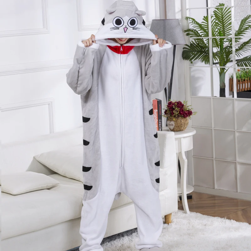 кигуруми Забавные пижамы для взрослых с изображением котов и сыра двойные молнии
