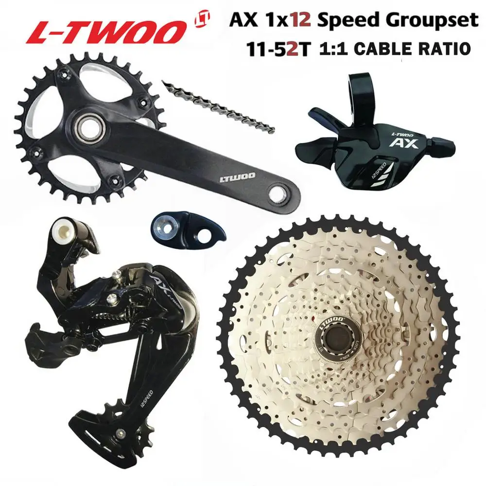 Группа компонентов LTWOO AX12: переключатель скоростей на 12 скоростей, задний переключатель, кассета на 11-50T и 52T, шатуны, цепь YBN SUMC на 11 скоростей, группа компонентов NX GX XX1 EAGLE на 12 скоростей.
