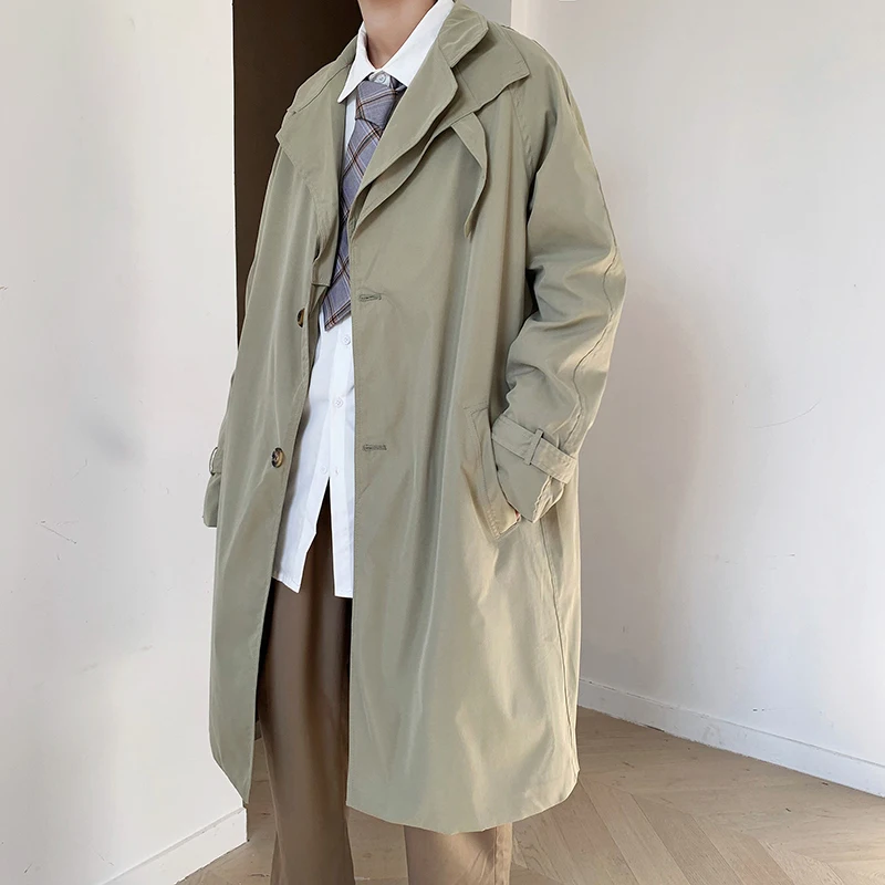 

Men Trench Coats All-match Ulzzang Solid Simple Autumn Medium-long Single Breasted Korean Style Streetwear Male Outwear Chic