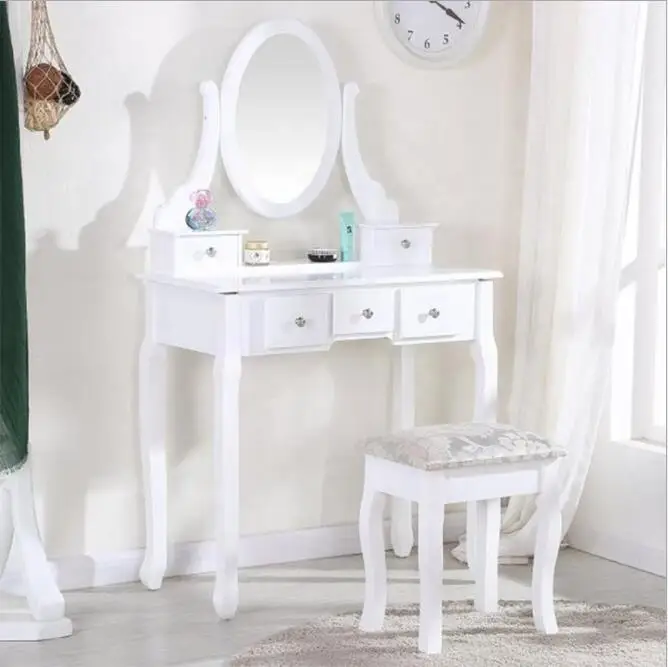 

Современный туалетный столик для макияжа Yonntech, домашняя спальня с зеркальным табуретом и 5 ящиками, МДФ