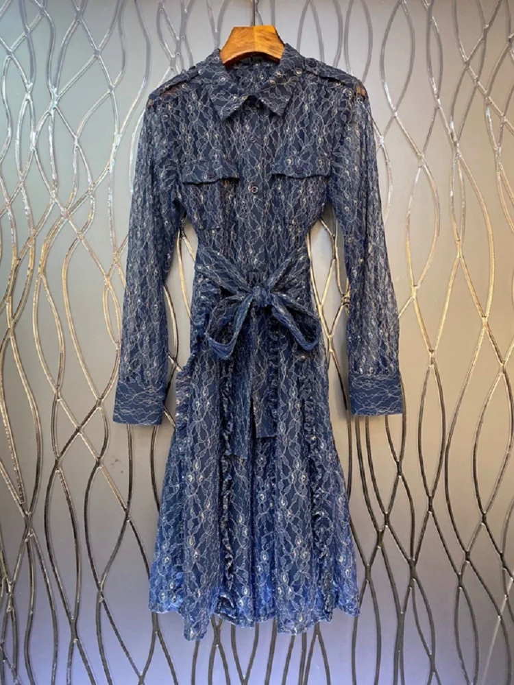 High Quality Lace Dress 2021 Autumn Women Turn-down Collar Chest Pocket Deco Long Sleeve Mid-Calf Length Apricot Blue Dress XL