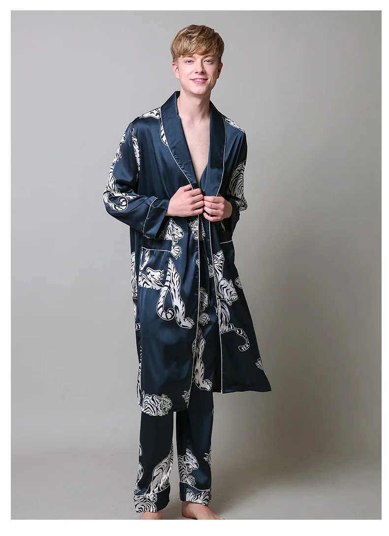 2PC robe and pants Атласная Ночная рубашка из двух предметов, атласная Мужская одежда для сна, свободное платье с тигром, шелковистый халат с длинными рукавами и длинные штаны, ночной комплект для мужчин - Цвет: 2PC robe and pants