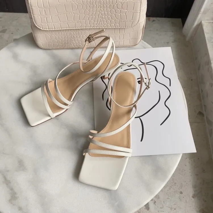

2020 summer new thin belt square head open toe SANDALS fairy style thin heel button high heel
