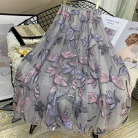 high quality sequins embroidery dragonfly two layer mesh pleated skirt women 2022 spring high waist long skirts womens elegant
