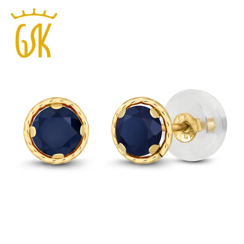 GemStoneKing 0 72 Ct круглые 4 мм натуральный синий сапфир 14K желтое золото серьги гвоздики