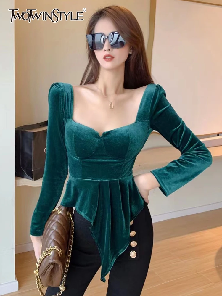 

Женская блузка с бантом TWOTWINSTYLE, осенняя блузка с квадратным вырезом и длинными рукавами-фонариками, 2021