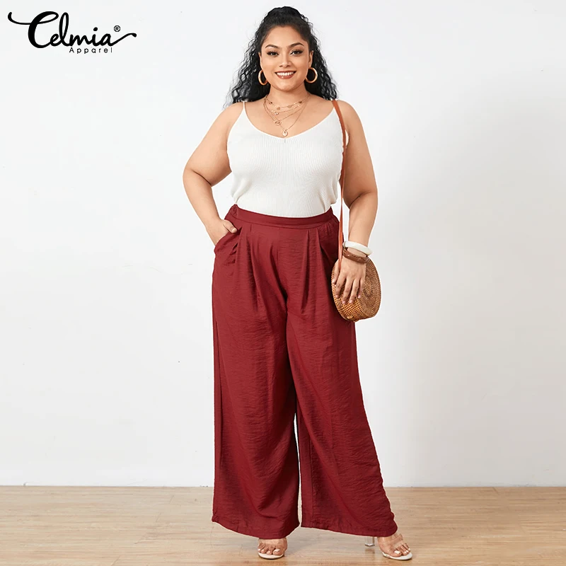 

Waist Long Trouser Plus Size Celmia 2021 Women Elegant Retro Wide Leg Pants Solid Elastic Casual Loose Leisure Pleated Pantalon6