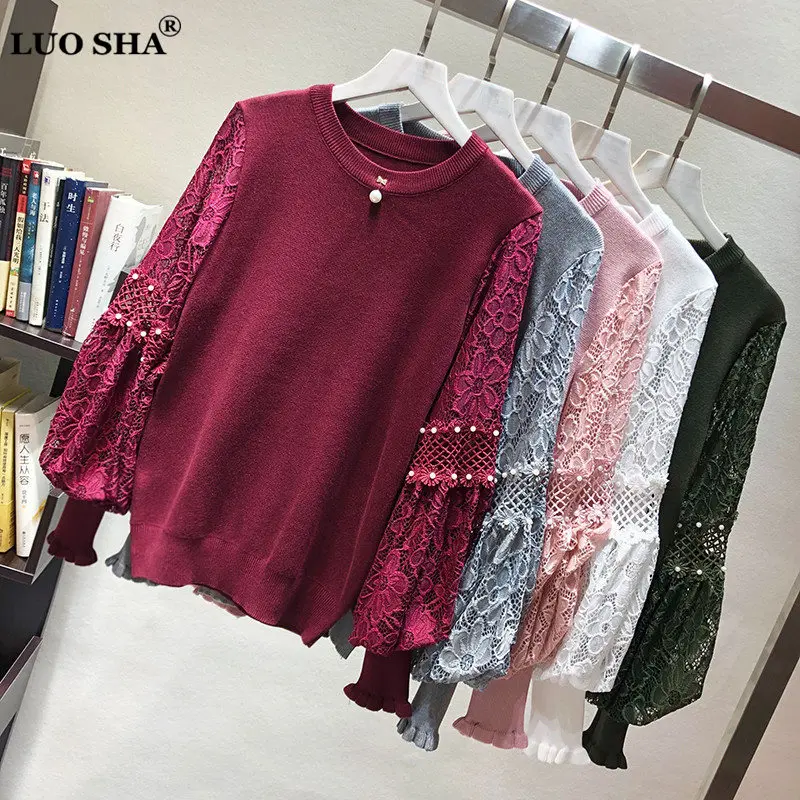 Женский осенне-зимний трикотажный пуловер с кружевом и рукавами-фонариками |