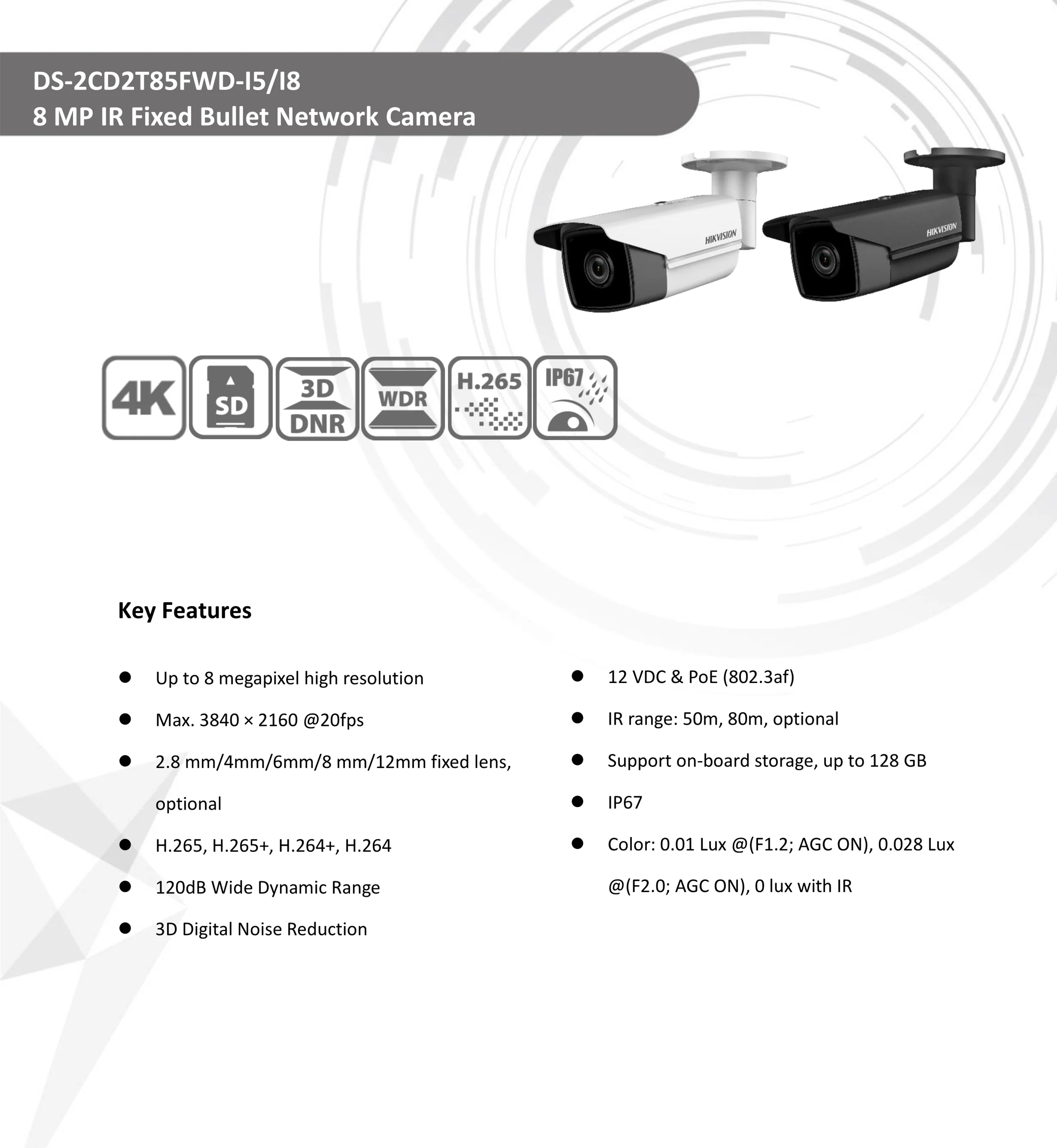Hikvision 8MP 4K Bullet IP Camera PoE Outdoor Night Vision IR Distance 80M CCTV Security Surveillance H.265 DS-2CD2T85FWD-I8
