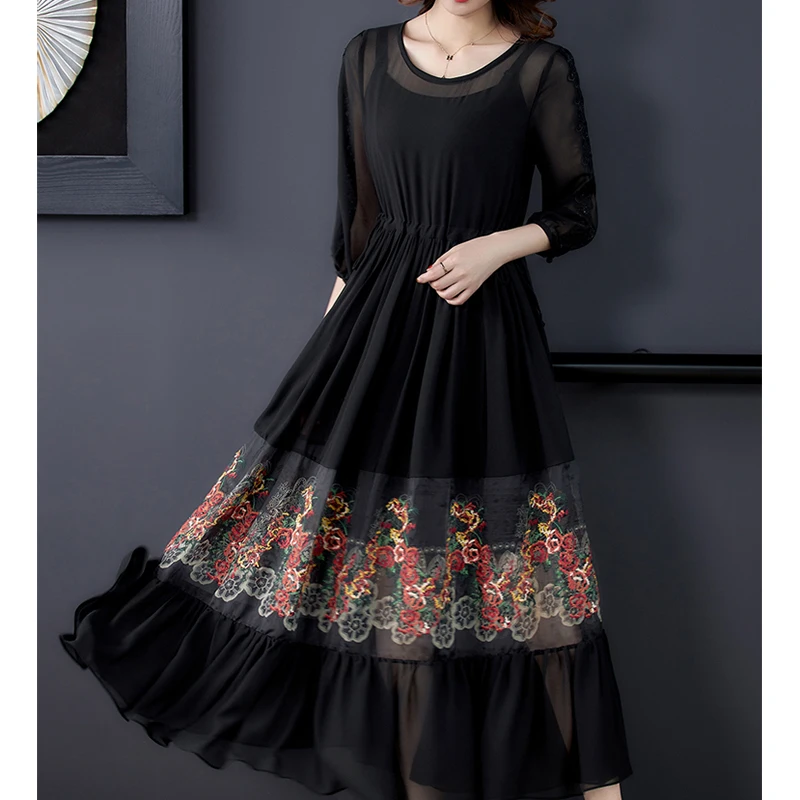 Женское черное Сетчатое элегантное платье макси с цветочной вышивкой весеннее