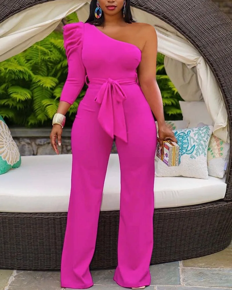 

Solid One Shoulder Puff Sleeve Belted Jumpsuit