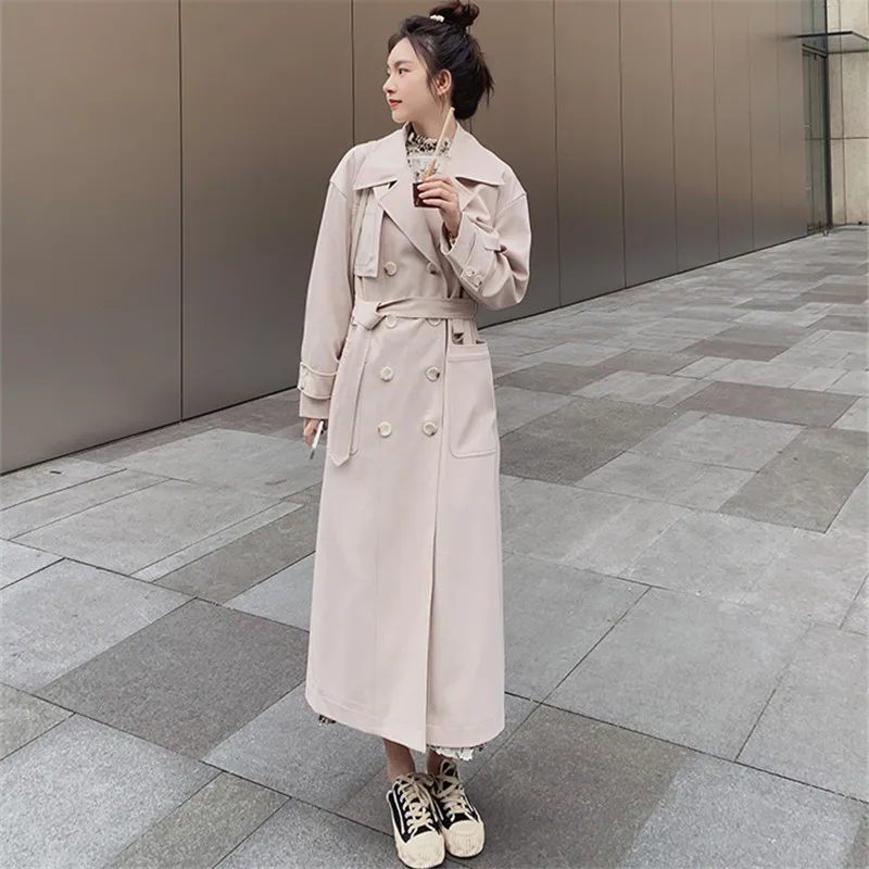 

Beige Windbreaker Double Breasted Belted Loose Korean Elegant Fashion Women Long Trench Coat Outerwear Cloak Spring Autumn F103