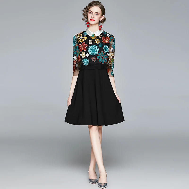 

Spring Retro Ladies Print Elegant A Dress Casual Doll Collar Waist Skirt Embroidery Mosaic Vintage Evening Dresses Long Luxury