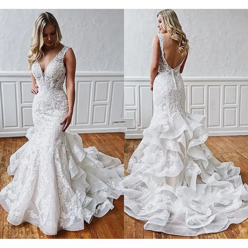 

Elegant vestidos de novia 2021 Sexy Backless Mermaid Wedding Dress Lace Custom Made V Neck Bridal Gowns Free Shipping