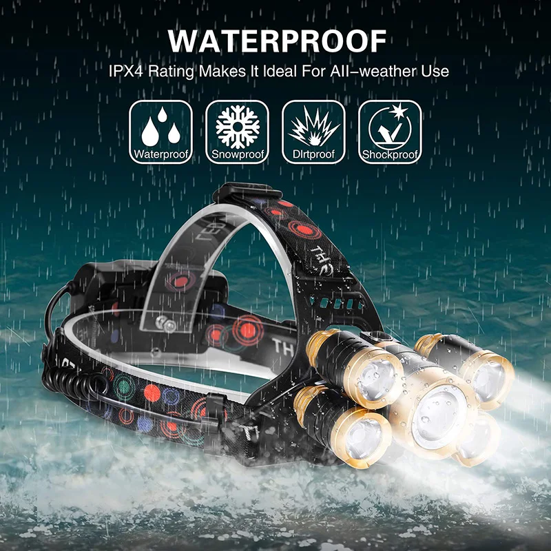 Перезаряжаемый налобный фонарь 2000 люмен ультра яркий T6 5 светодиодный налобный фонарь 4 режима Водонепроницаемый наружный фонарь мощный фонарь