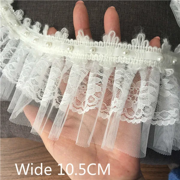 

10.5cm Wide Luxury White Pleated Fold Lace Applique 3d Embroidered Beads Ribbon Princess Dress Cushion Curtain Trim Sewing Decor